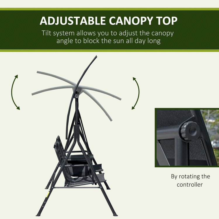 Outsunny 2 Seat Patio Swing Chair, Outdoor Canopy Swing Glider With Pivot Storage Table, Cup Holder, Adjustable Shade, Bungie Seat Suspension And Weather Resistant Steel Frame, Black