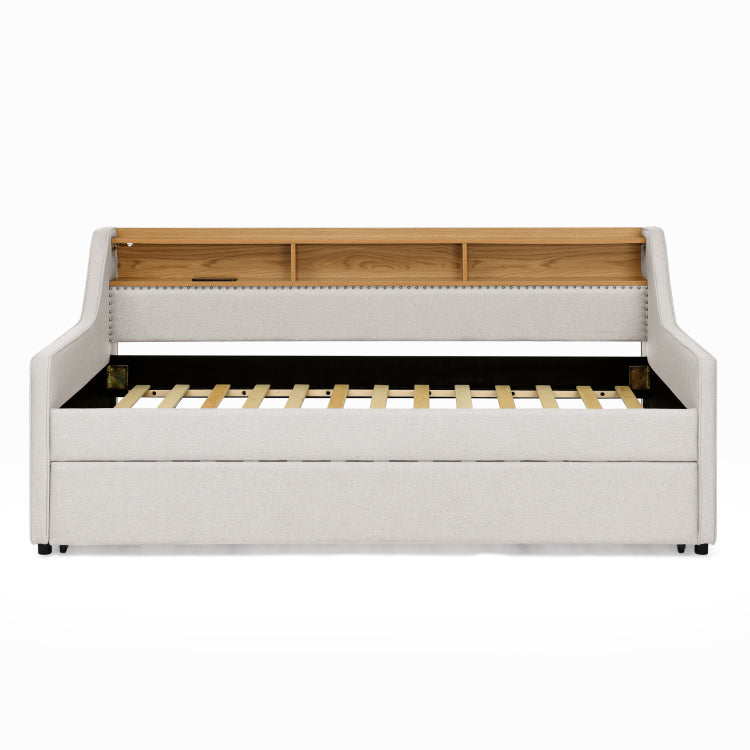 Twin Size Upholstery Sofa Bed With Three Led Lights, With Storage Adjustable Headboard, With Foldable Leg Pull Up Trundle Bed And Wireless Charging, Linen Padded Sofa Bed Frame, Beige