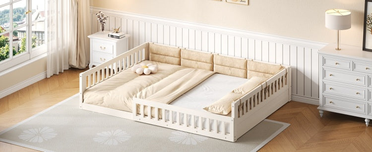 Wood Full Size Upholstered Platform Bed With Guardrail And Pillow, Beige