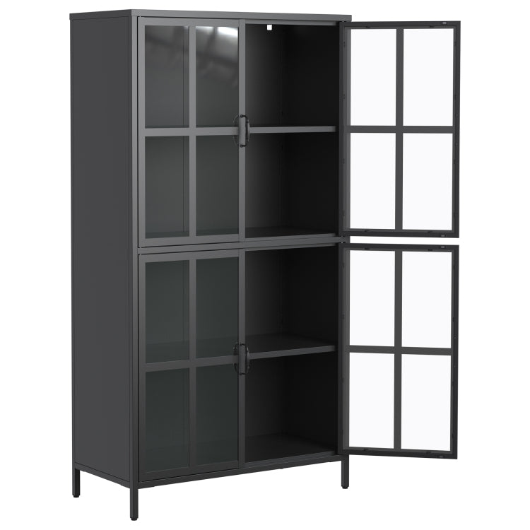 Premium Black Metal Storage Cabinet With Tempered Glass Doors, Adjustable Shelves, Anti Tipping Device, Magnetic Silent Closure, And Adjustable Feet For Home And Office Use