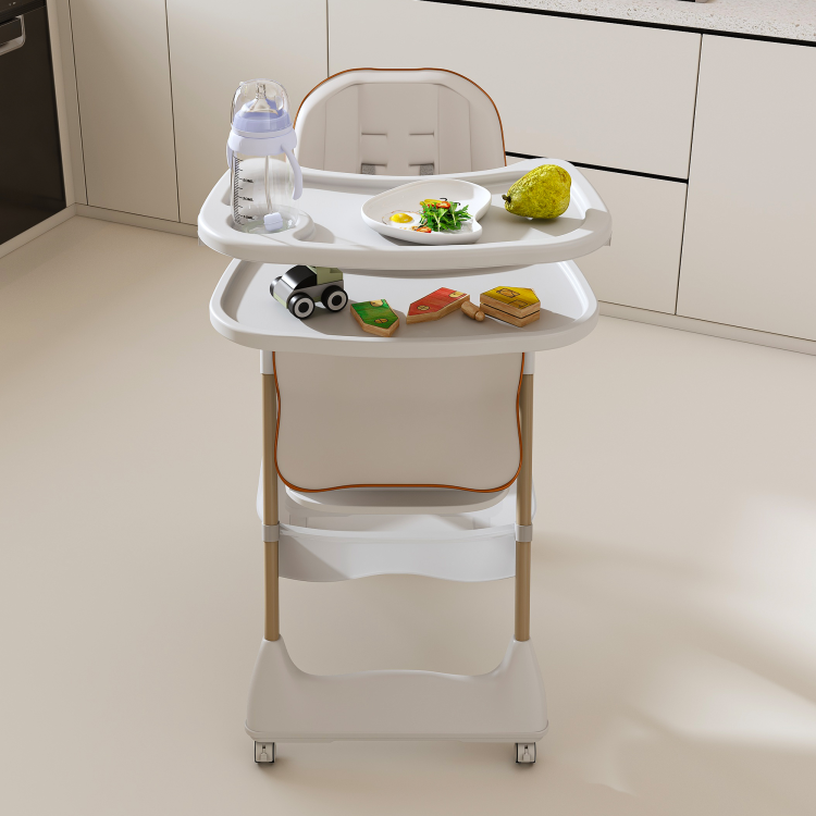 Adjustable Baby High Chair 0 6 Years Portable Infant Feeding Seat With Safety Belt, Silent Lockable Wheels & Easy Clean Design For Home, Dining, Living Room, Bedroom White