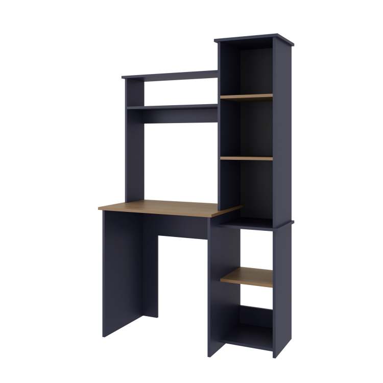 Navy Blue And Natural Oak Computer Desk With Hutch And Side Bookshelf