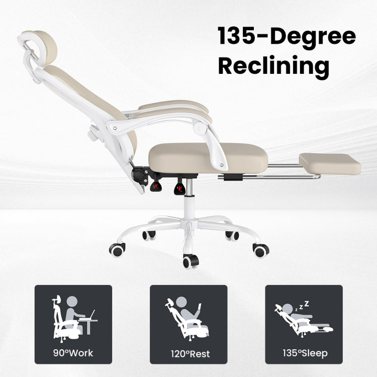 Ergonomic Office Chair With Footrest, Mesh Office Desk Chair With Headrest, High Back Computer Chair With Adjustable Lumbar Support For Home Office Study Room Bedroom, White & Kakhi