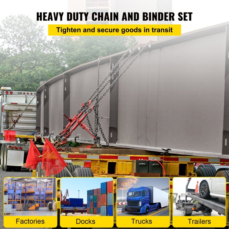 Chain Load Binder, 5 16" Tie Down Kit W 6600Lbs Working Load Capacity And Two Grab Hooks, Includes 4 Ratchet Binders 4 21' Grade 80 Chains, Transport Load Package For Hauling, Towing