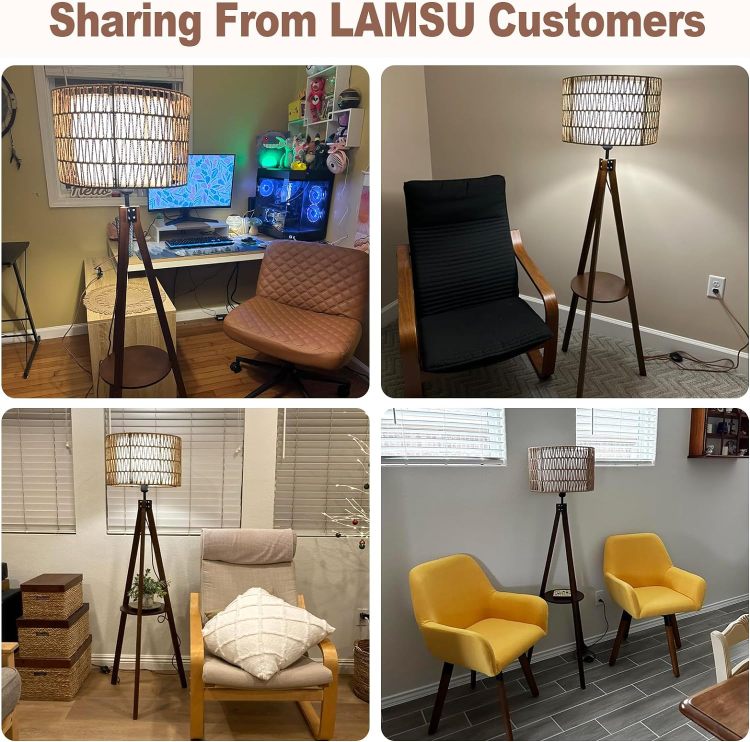 Boho Tripod Floor Lamp With Shelves, Mid Century Wood Standing Lamp With Rattan & Fabric Shades, On Off Foot Switch, Modern Farmhouse Tall Floor Lamps For Living Room Bedroom Office