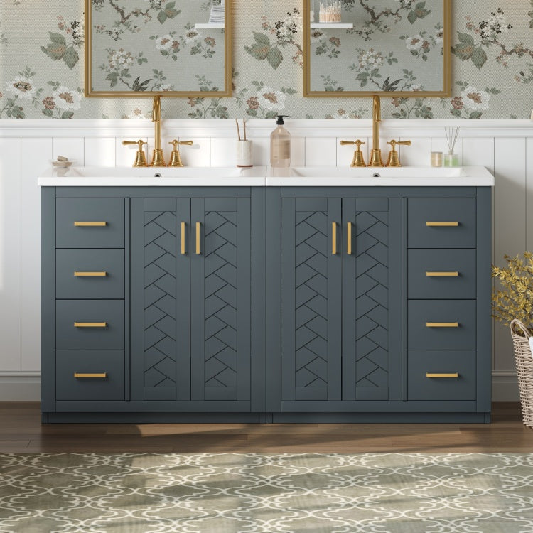 60'' Bathroom Vanity Set With Ceramic Sink Separate ,Solid Wood Frame Bathroom Storage Cabinet, Freestanding Vanity Set With Drawers & Soft Closing Doors