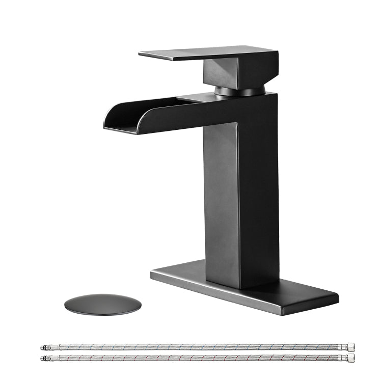 Waterfall Bathroom Faucet Black Single Handle Bathroom Sink Faucets 1 Or 3 Hole Solid Vanity Faucet With Deck Plate & Overflow Pop Up Drain Matte Black