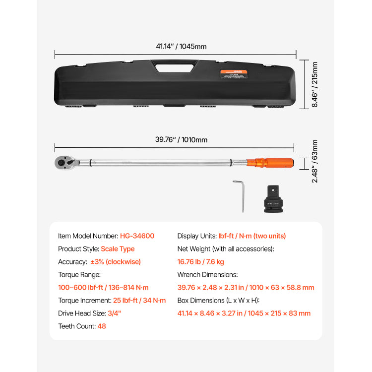 Click Torque Wrench 3 4 Inch Drive 100 600 Lbf Ft 136 814N.M Dual Direction