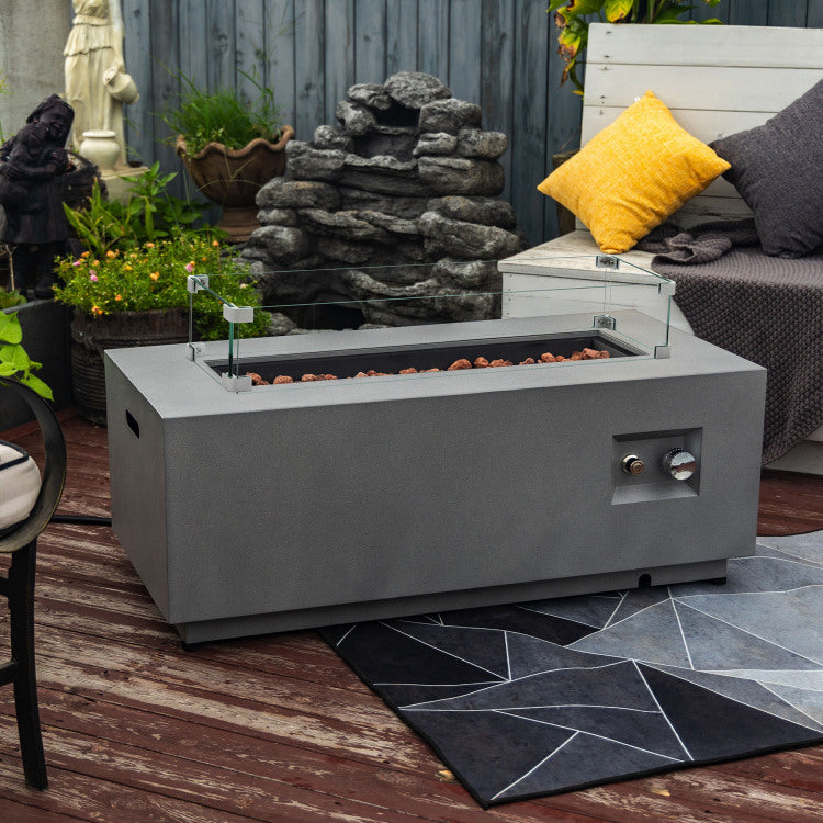 Old Sku: W853P193937 42" Propane Gas Fire Pit Table 2 Pieces, 50000 Btu Rectangular Steel Fire Pit With Glass Wind Guard For Outside Patio Deck Garden Courtyard Gray