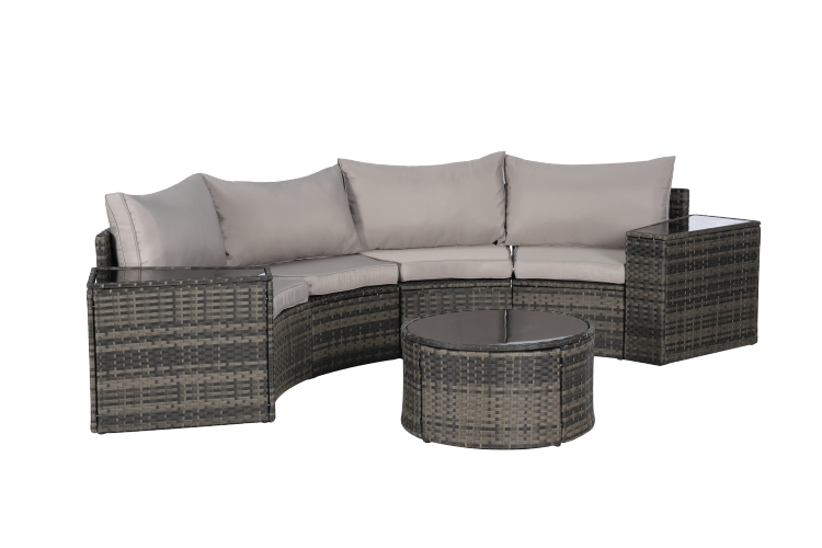 Outdoor Patio Furniture 7 Piece Half Moon Sectional Round Patio Furniture Set Sofa With Tempered Glass Round Coffee Table
