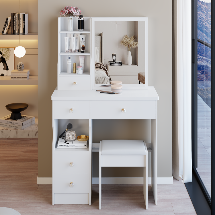29.2" Small Size Left Drawer Desktop Vanity Table Cushioned Stool, Extra Large Right Sliding Mirror, Multi Layer High Capacity Storage, Practical Fashionable Dresser, Suitable For Small Space