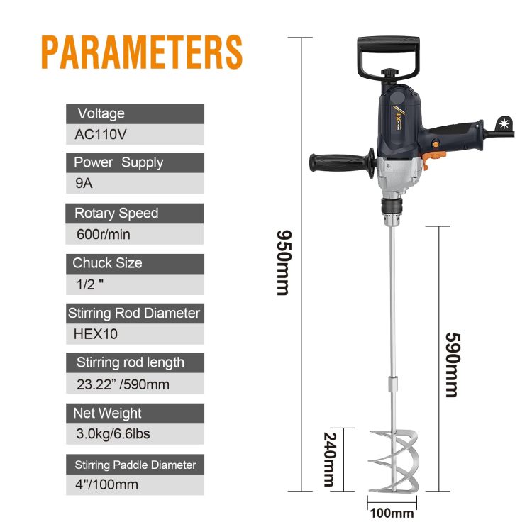 Drill Mixer Set With Spade Handle 1 2 Inch Electric Corded Mixing Drill Machine 9A Motor Concrete Mud Mixer