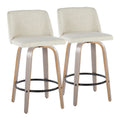 26" Contemporary Fixed Height Counter Stool With Swivel In Light Grey Wood And Cream Fabric With Round Black Metal Footrest Set Of 2