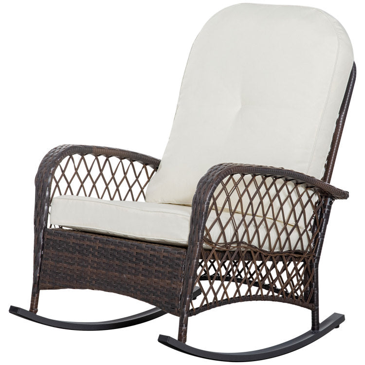Outsunny Outdoor Wicker Rocking Chair With Wide Seat, Thick, Soft Cushion, Rattan Rocker W Steel Frame, High Weight Capacity For Patio, Garden, Backyard, Cream White