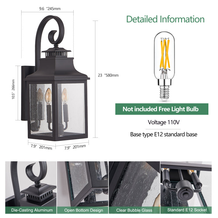 23" H 1 Pack Outdoor Wall Lantern Light Vintage Black Metal Sconce With Clear Seeded Glass For Porch, Patio, And Garden Bulb Not Included