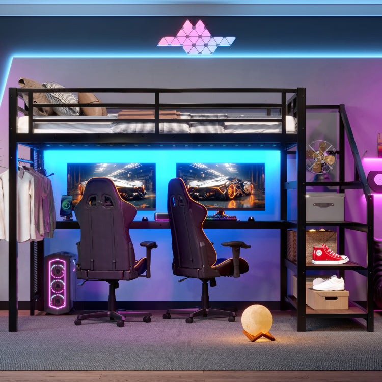 Full Loft Bed With Desk And Storage Stairs, Metal Loft Beds With Led Lights, Usb Ports, Multifunctional Iron Nets, No Spring Box Needed And Noise Free, Black