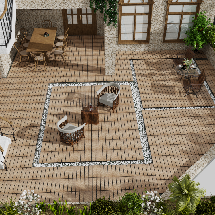 Patio Floor Tiles Pack Of 11 Wpc Wood Plastic Composite Patio Deck Tiles Diy Interlocking Decking Tiles, Quick Deck Floor Tile, Court Tile, Water Resistant Indoor Outdoor 11.8" 3D Teak