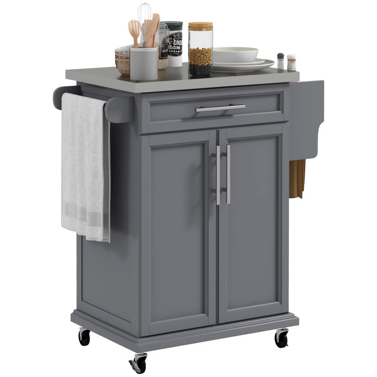 Homcom Kitchen Island On Wheels, Rolling Kitchen Cart With Stainless Steel Countertop, Drawer, Towel Rack And Spice Rack, Utility Storage Trolley, Gray