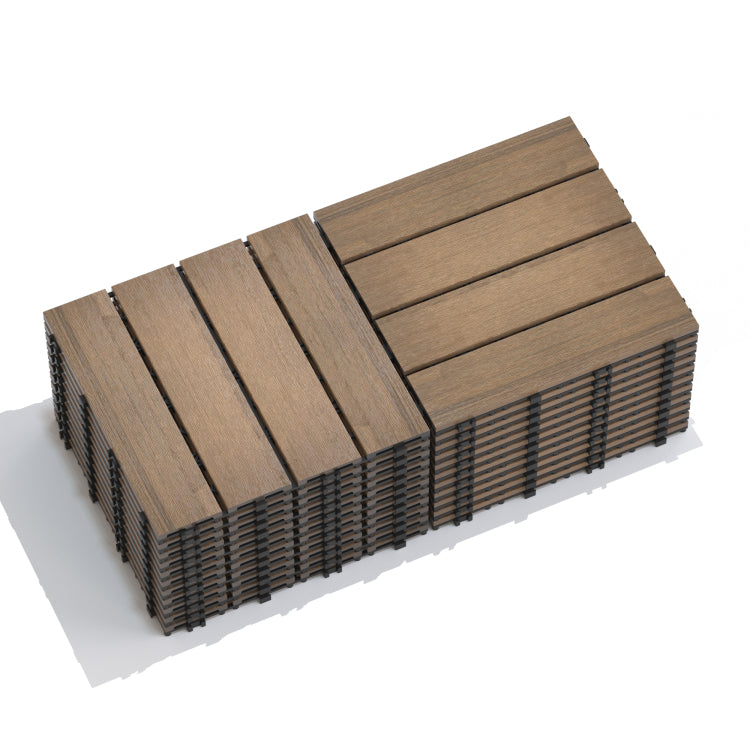 Patio Floor Tiles Pack Of 11 Wpc Wood Plastic Composite Patio Deck Tiles Diy Interlocking Decking Tiles, Quick Deck Floor Tile, Court Tile, Water Resistant Indoor Outdoor 11.8" Oak
