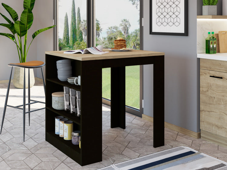Kitchen Island Table, Two Legs, Three Side Shelves, Black Pine