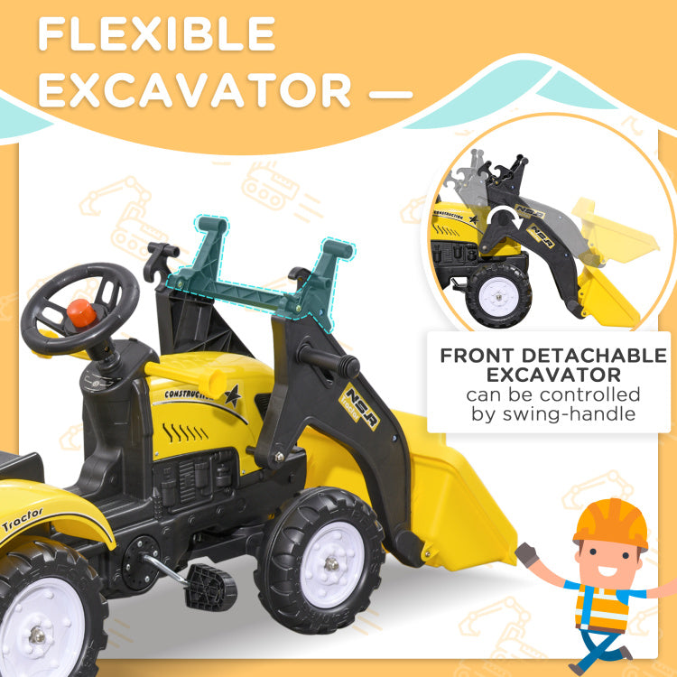 Aosom Kids Ride On Excavator, Pedal Car Bulldozer, Move Forward Back With Real Working Dirt Bucket, 6 Wheels, & Cargo Trailer