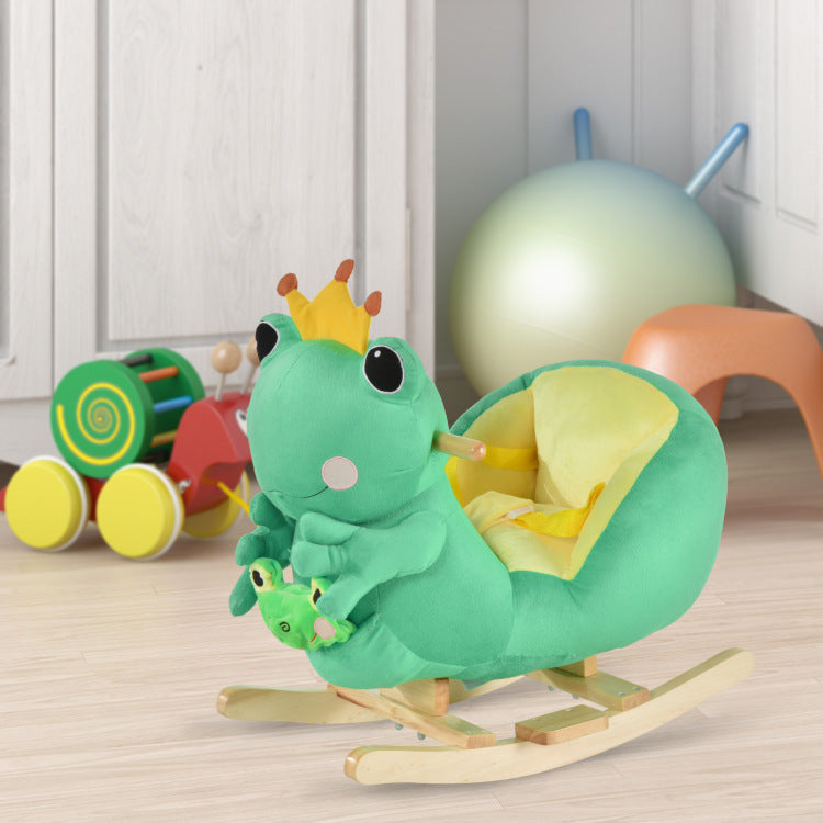 Qaba Kids Ride On Rocking Horse Toy Frog Style Rocker With Fun Music, Seat Belt & Soft Plush Fabric Hand Puppet For Children 18 36 Months