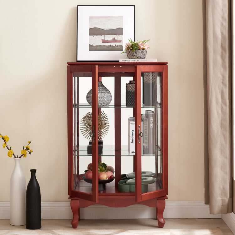 2 Doors Curio Cabinet With Tempered Glass Doors, Curio Cabinets With Mirrored Back Panel And Adjustable Shelves, Lighted Display Cabinet For Home, Office Light Bulb Included Cherry