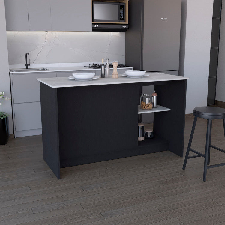 Kitchen Island With Large Countertop, Open Storage Shelves And Double Door Cabinet, Black Onyx