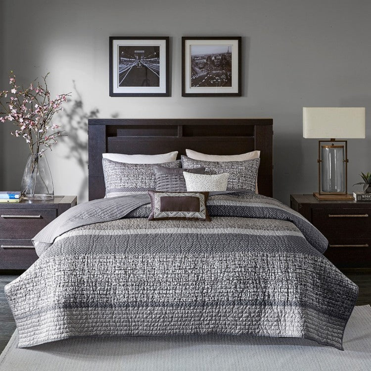 6 Piece Reversible Jacquard Quilt Set With Throw Pillows Grey Taupe Full Queen