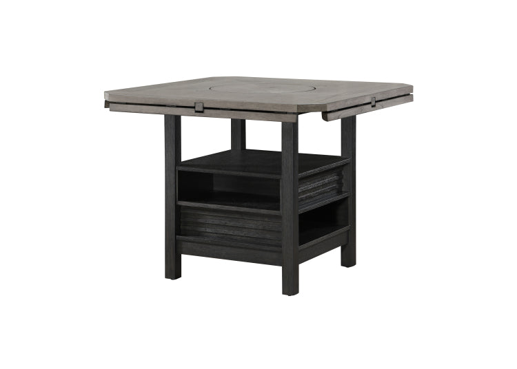 1Pc Farmhouse Contemporary Counter Height Table With Storage Single Pedestal Round Black Gray Natural Grain Integrated Turntable Drop Leaves And Built In Shelving