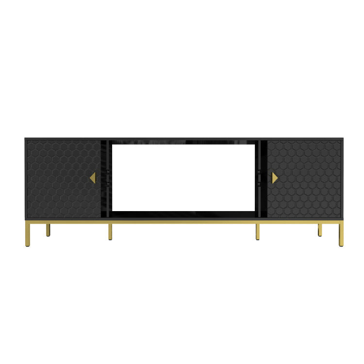 70 Inch Tv Stand, Heavy Duty Wood Media Entertainment Center Console With Cabinet Storage & Open Shelves For Living Room, Modern Design Black,Not Include Electric Fireplace