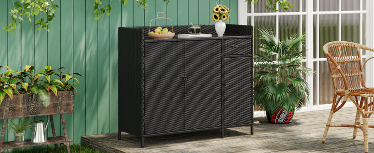 K&K 47.5"W Wicker Outdoor Storage Cabinet With Tempered Glass Desktop, Weather Proof Rattan Bar Table With Three Doors, Adjustable Shelf, And One Drawer, For Outdoor Cushions, Pool Toys , Black