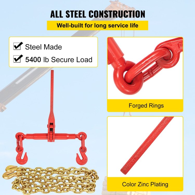 Chain Load Binder, 5 16" Tie Down Kit W 6600Lbs Working Load Capacity And Two Grab Hooks, Includes 4 Ratchet Binders 4 21' Grade 80 Chains, Transport Load Package For Hauling, Towing
