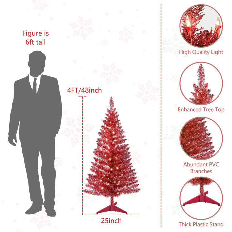 4Ft Red Christmas Tree With 50 Ul Lights, 122 Pvc Tips Prelit Artificial Holiday Tree For Indoor Decoration, Small Space, Tabletop, Apartment, Or Office