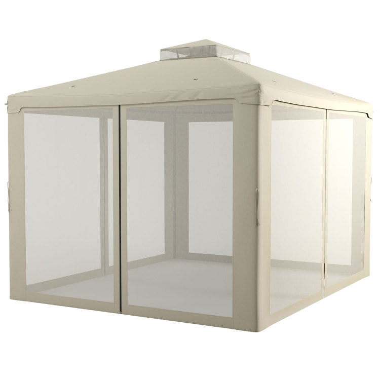 Outsunny 9.6' X 11.6' Patio Gazebo, Outdoor Canopy Shelter With 2 Tier Roof And Netting, Steel Frame For Garden, Lawn, Backyard, And Deck, Cream White