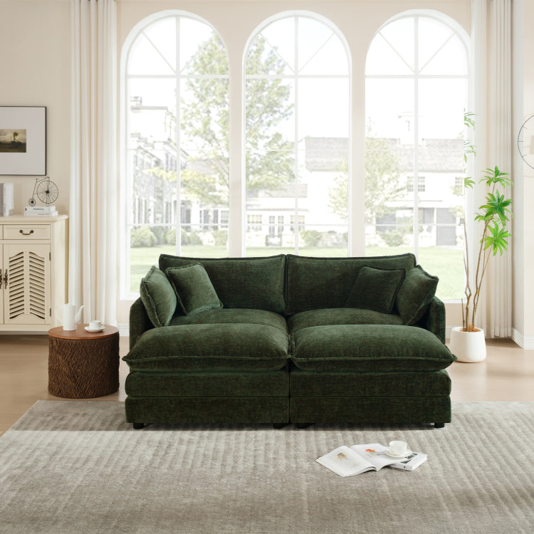 4 Piece Upholstered Sectional Sofa, 1 Piece Of 2 Seater Sofa And 2 Piece Of Ottomans , 2 Seater Loveseat Lounge With Ottomans , Green Chenille