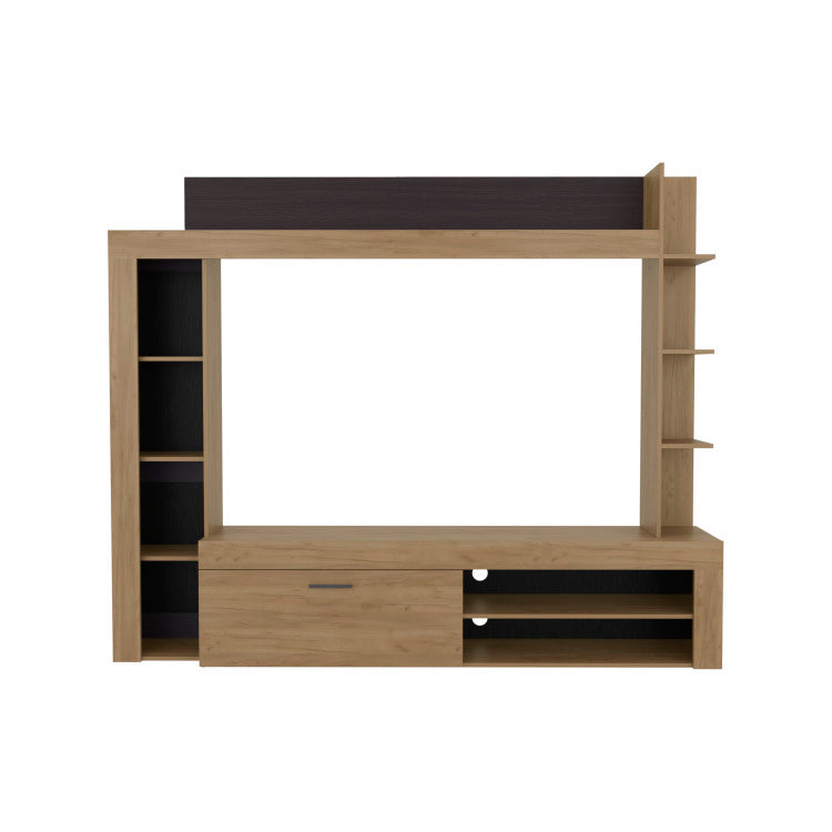 Cecil Entertainment Center And Tv Stand With Open Below Shelves And Storage Compartments With One Door, Natural Oak With Black