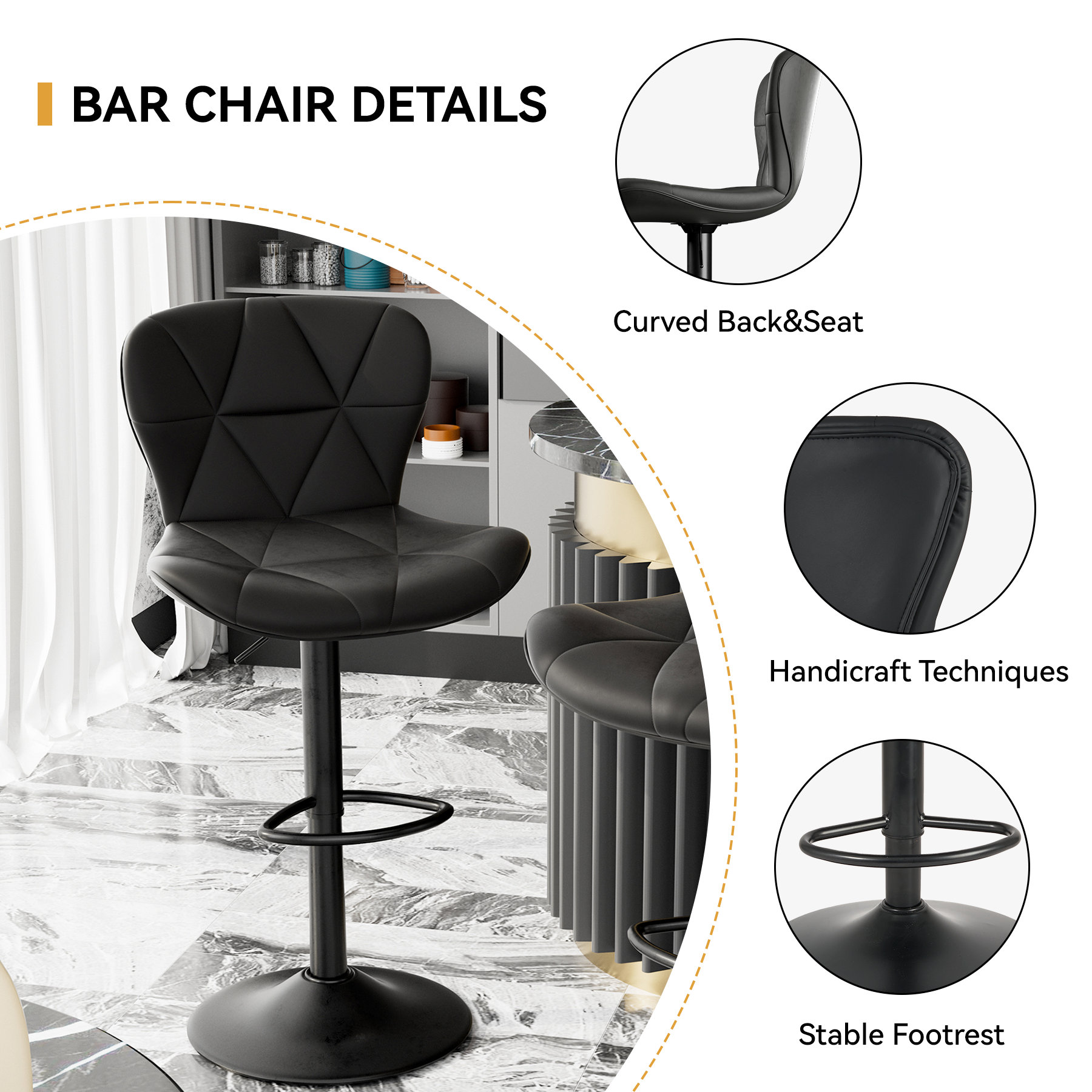 Modern Bar Stools Set Of 2, Adjustable Faux Leather Upholstered Swivel Bar Stools, Counter Height Bar Chairs With Back For Kitchen Island, Black