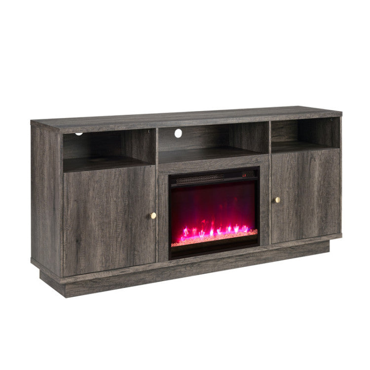 Ambrogio 70"W Gray Walnut Finish Fireplace Tv Stand Console With Heater, Led Light, Cabinets, Shelves