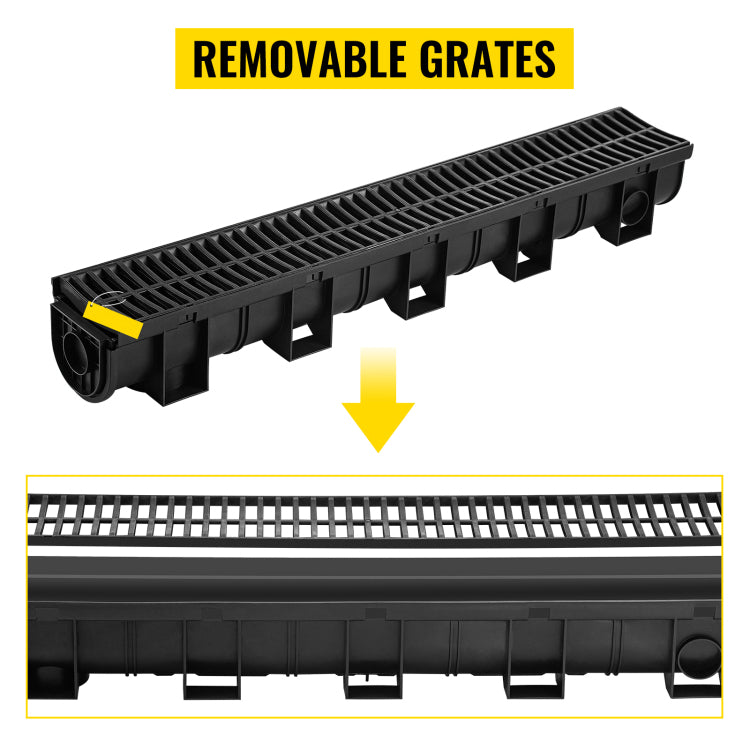 Trench Drain System, Channel Drain With Plastic Grate, 5.9X5.1 Inch Hdpe Drainage Trench, Black Plastic Garage Floor Drain, 6X39 Trench Drain Grate, With 6 End Caps, For Garden, Driveway 6 Pack