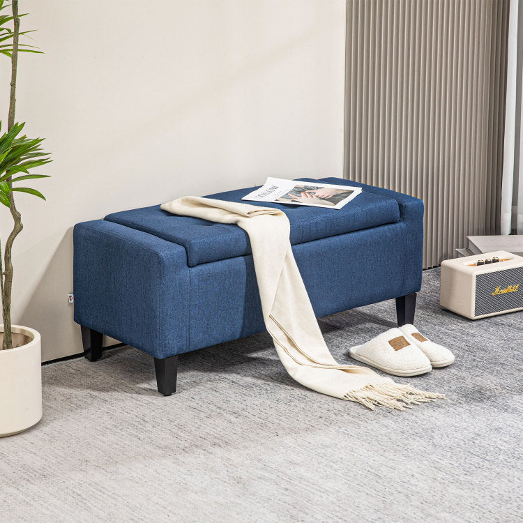 Homcom Storage Ottoman, Linen Upholstered Storage Bench With Lift Top And Button Tufted For Living Room, Dark Blue