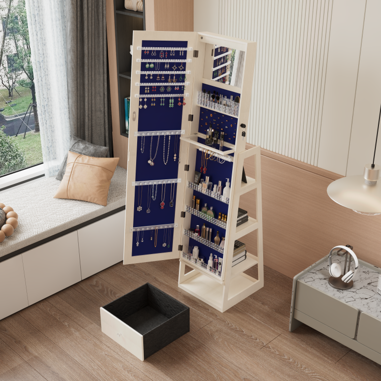 360 Swivel Jewelry Cabinet With Full Length Mirror, 360 Rotating Standing Jewelry Armoire Organizer, Lockable Storage Cabinet, Interior Lighted Mirror And Storage Drawers, White