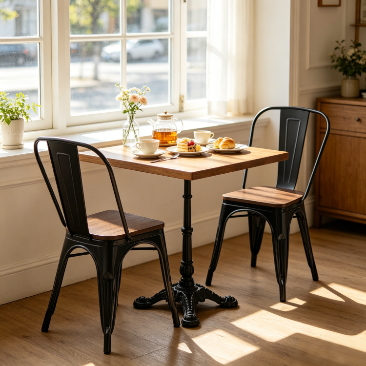 Set Of 2 High Gloss Black With Walnut Wooden Seat Industrial Metal Dining Chairs 18 Inch Seat Height Stackable, Indoor Outdoor, Lightweight Easy Clean Surface, Easy Assembly, Durable Modern Design