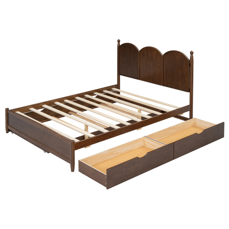 Queen Size Platform Bed With With 2 Big Drawers, Twin Xl Size Trundle, Walnut
