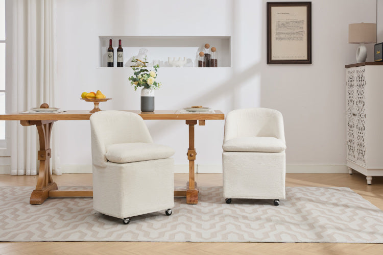 058 Set Of 2 Chenille Fabric Dining Chairs With Universal Wheels,Beige
