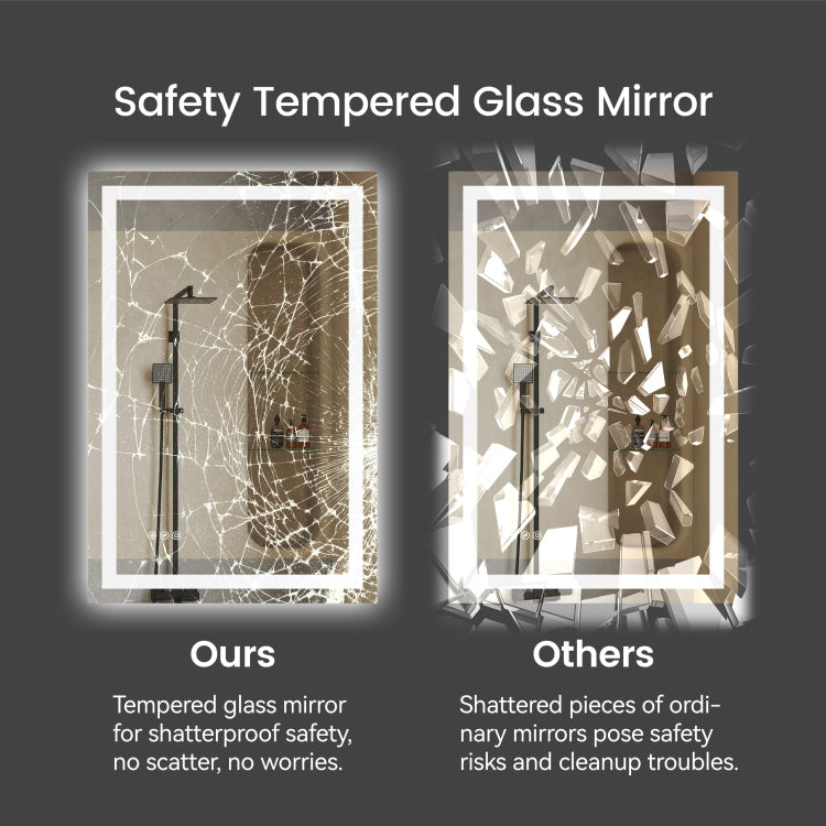 20"*28"Led Bathroom Mirror,Front Lit And Back Lit, Stepless Dimmable, 3 Colors Cri90 , Brightness Memory, Shatter Proof,Anti Fog Led Vanity Mirror, Ip44 Waterproof