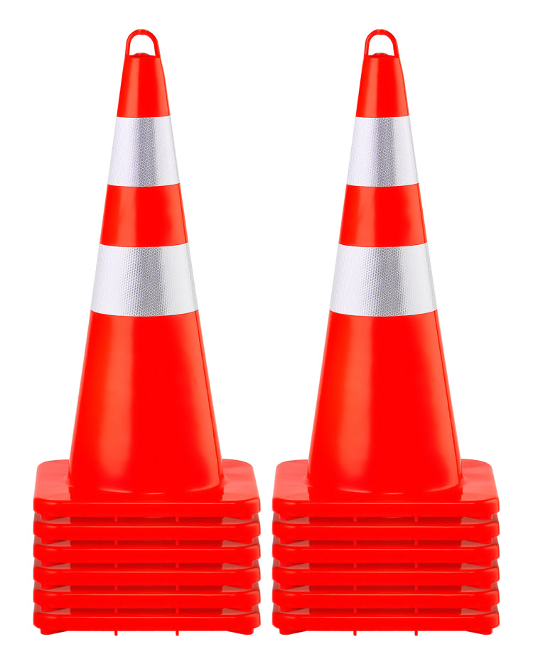 Safety Cones, 12 X 28" Traffic Cones, Pvc Orange Construction Cones, 2 Reflective Collars Traffic Cones With Weighted Base And Hand Held Ring Used For Traffic Control, Driveway Road Parking
