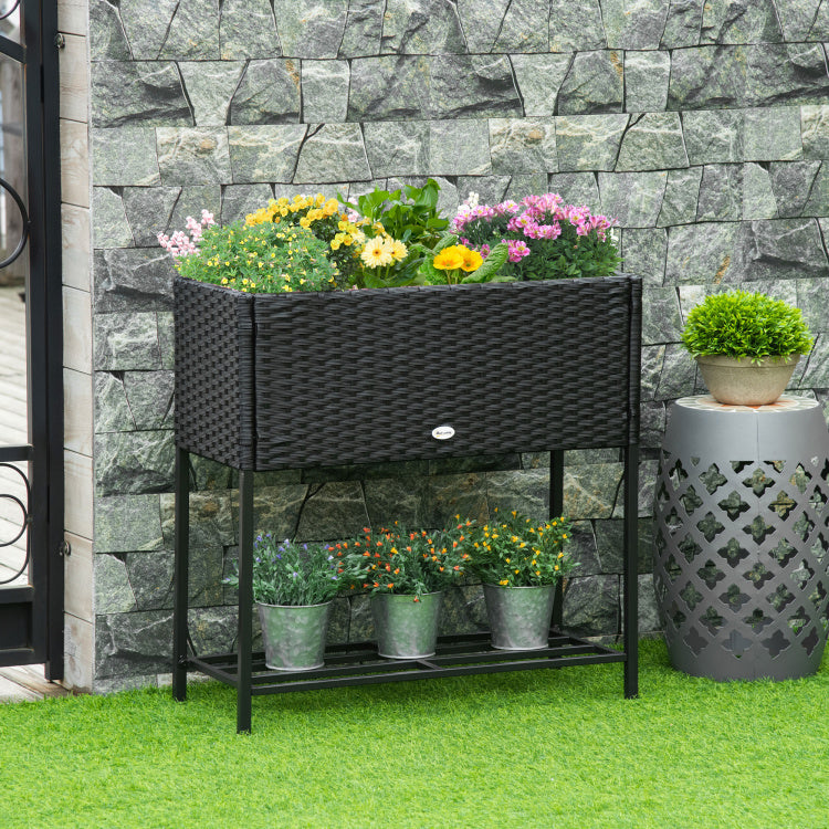 Outsunny Raised Garden Bed, Elevated Planter Box With Rattan Wicker Look, Tool Storage Shelf, Portable Design For Herbs, Vegetables, Flowers, Black