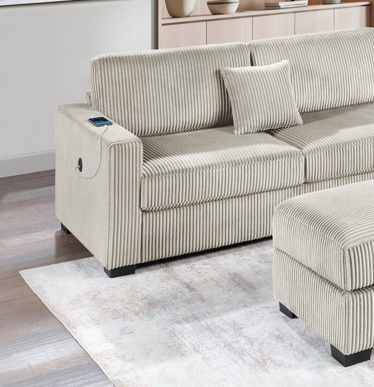 Camel Wide Welt Corduroy Sectional Sofa Reversible Chaise Sofa W Usb Storage Ottoman Upholstered Couch Pillows 3Pc Set Living Room