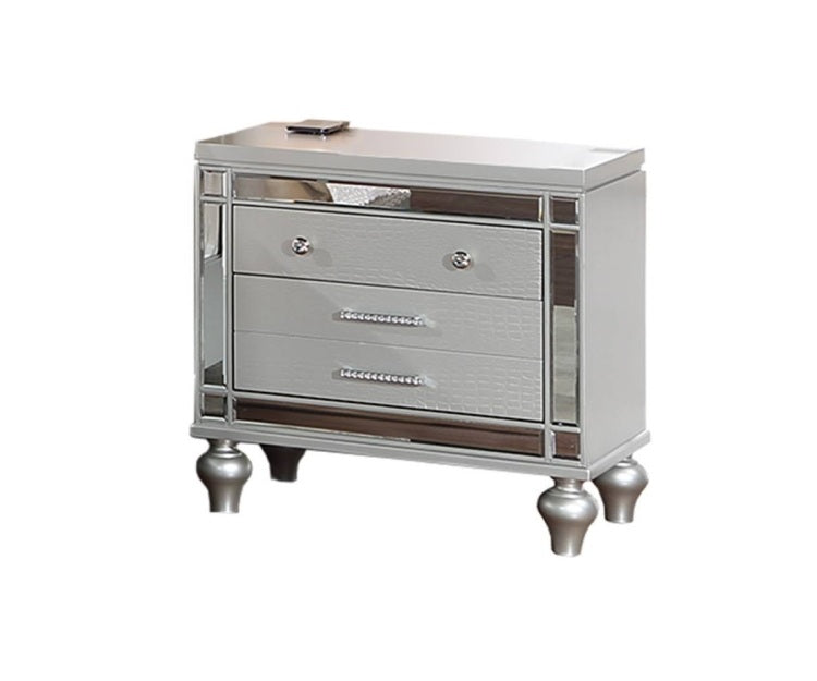 Classic Luxury Look Silver 1Pc Nightstand Wooden Bedside Table Drawers W Mirror Glass Panel Bedroom Furniture